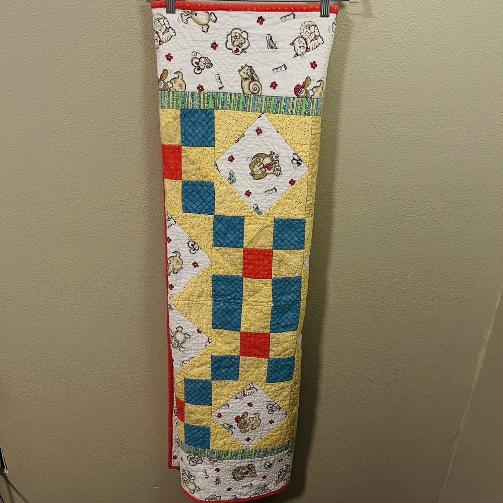 Vintage Flannel Baby Quilt Blanket Handmade Cats Dogs White Yellow Unisex  48x56